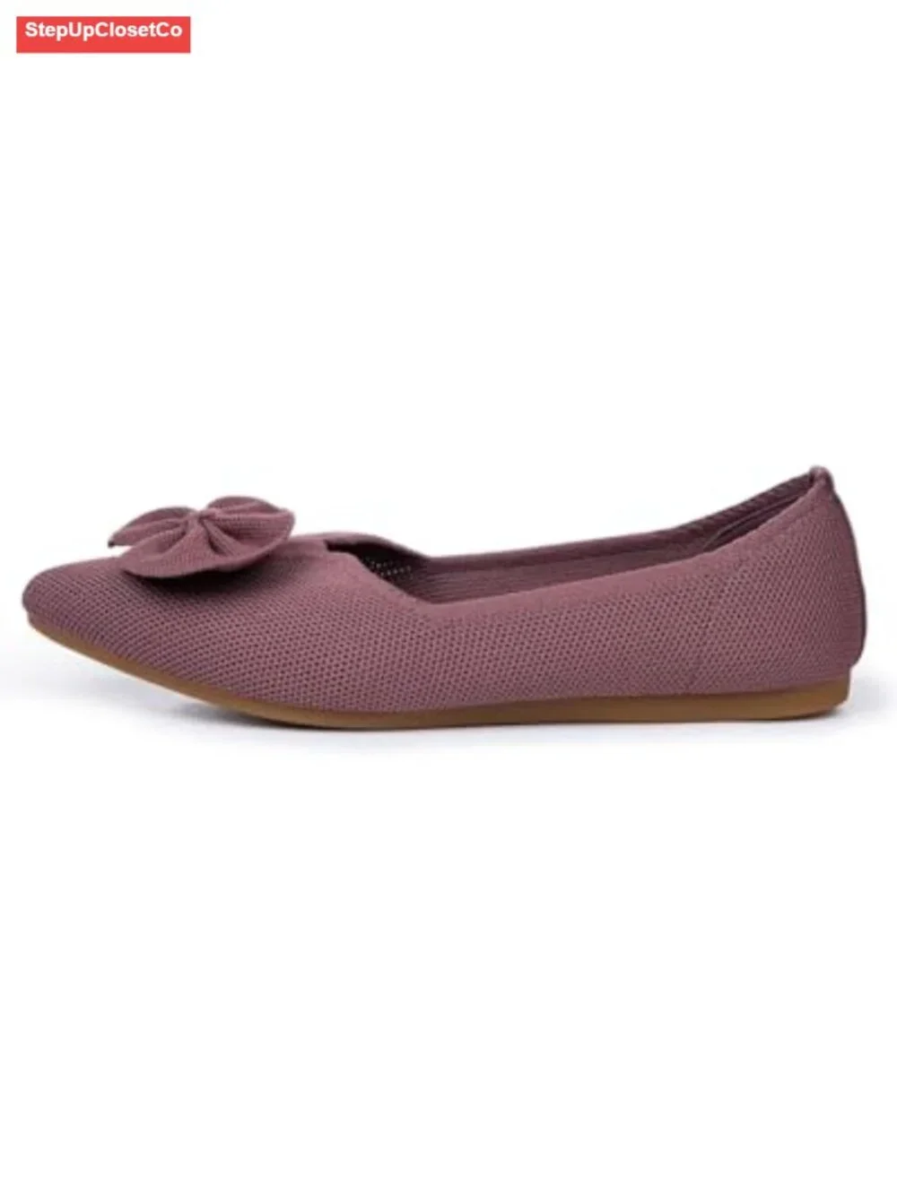Pointed Toe Knit Ballet Flats with Bow Slip-on Dressy Shoes Non-slip Outsole - Picture 4 of 6